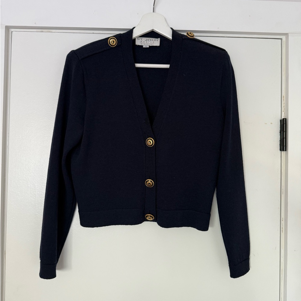St. John Deep Blue Knit Crewneck Cardigan, Size Small (With Stretch) Excellent